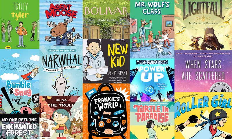 Collage of bookcovers from our children's graphic novels book list